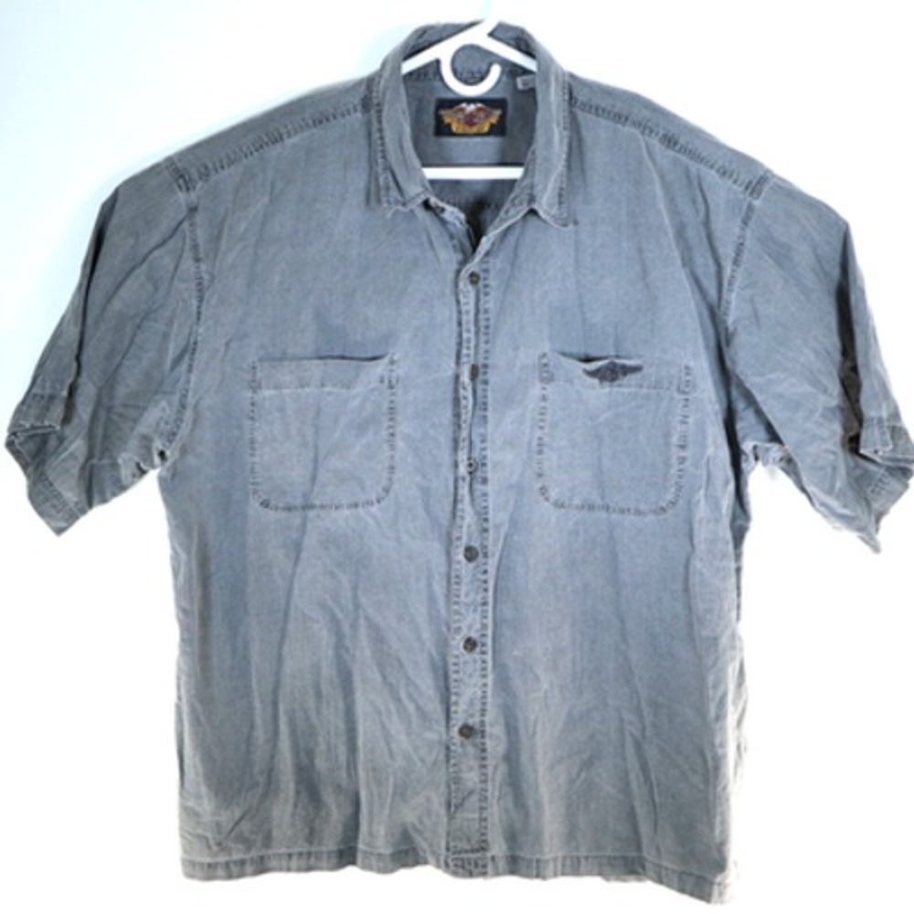 Harley Davidson Shirt Mens 2XL XXL Gray Button Up Cotton Linen Blend Logo
